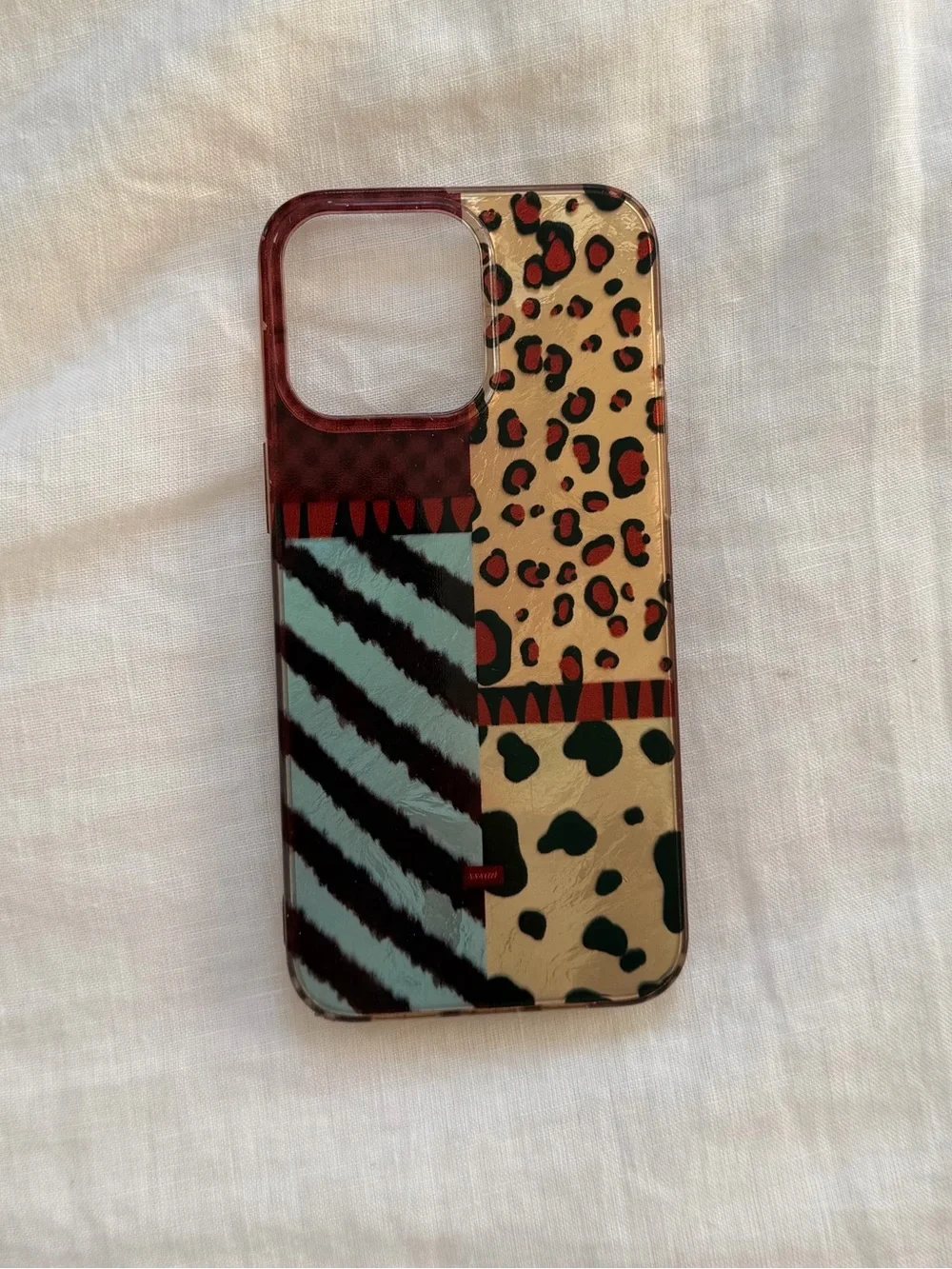 Multi-Pattern Leopard & Stripe Phone Case - Beige/Red/Black